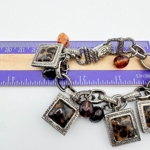 Vintage Leopard Print Square Chain Bracelet Cheetah Charm Bead Chunky Statement - Picture 11 of 11
